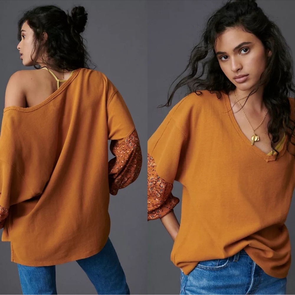 Anthropologie Annette Floral Pullover Waffle Top, Oversized Shirt, Burnt Orange
